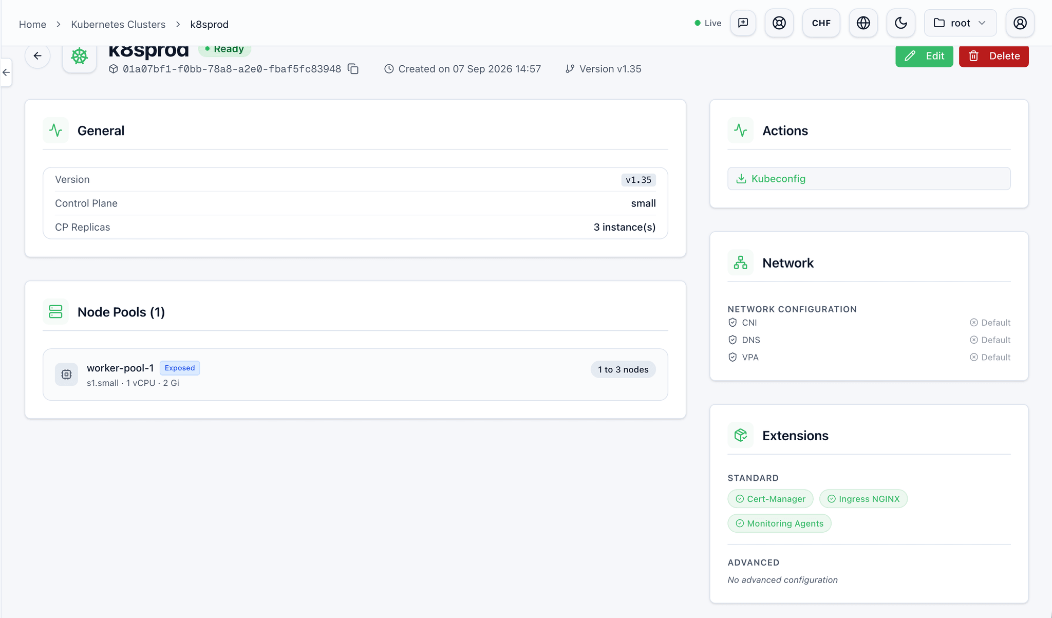 Hikube console: Kubernetes cluster, node pools, version and kubeconfig download.