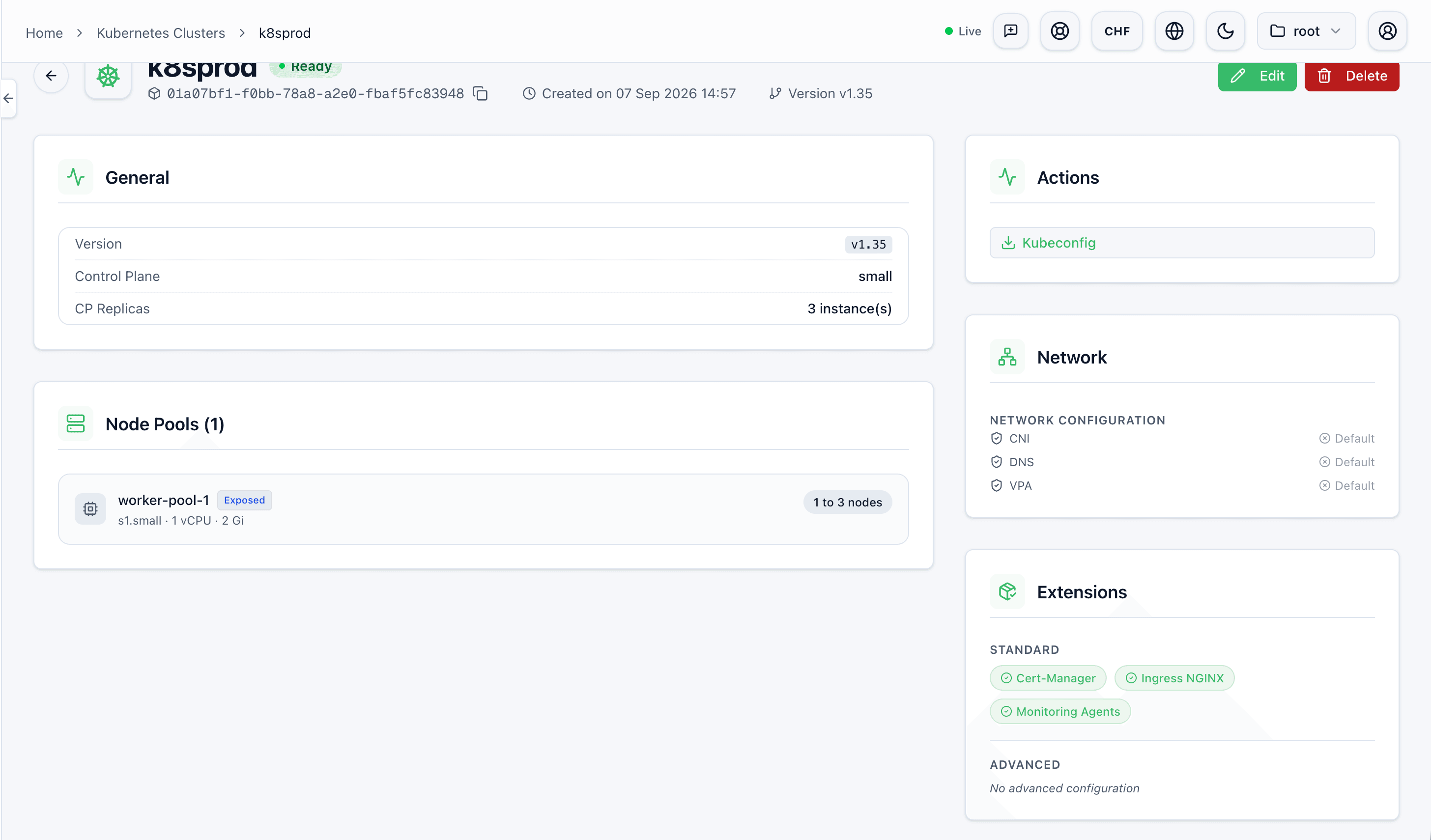 Console Hikube : cluster Kubernetes, node pools, version et téléchargement kubeconfig.