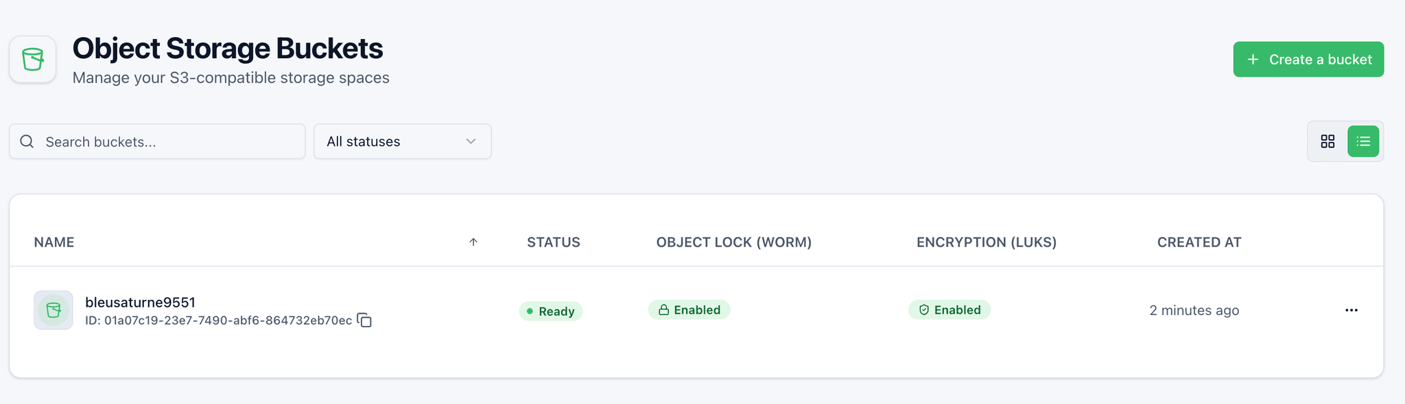 Hikube console: S3 buckets, Object Lock WORM and encryption listed per bucket.