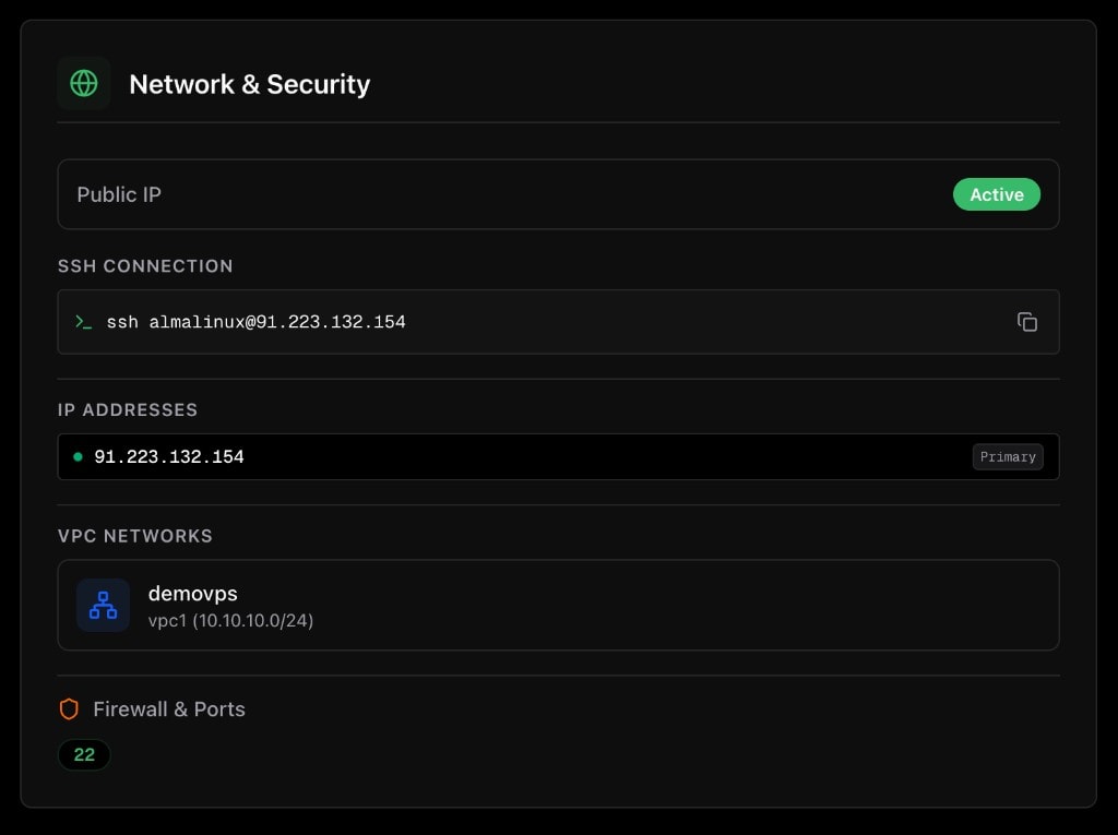 Console Hikube : IP publique, commande SSH, VPC et port 22.